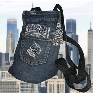 Denim Crossbody Bag with Paisley Accents Small City Bag